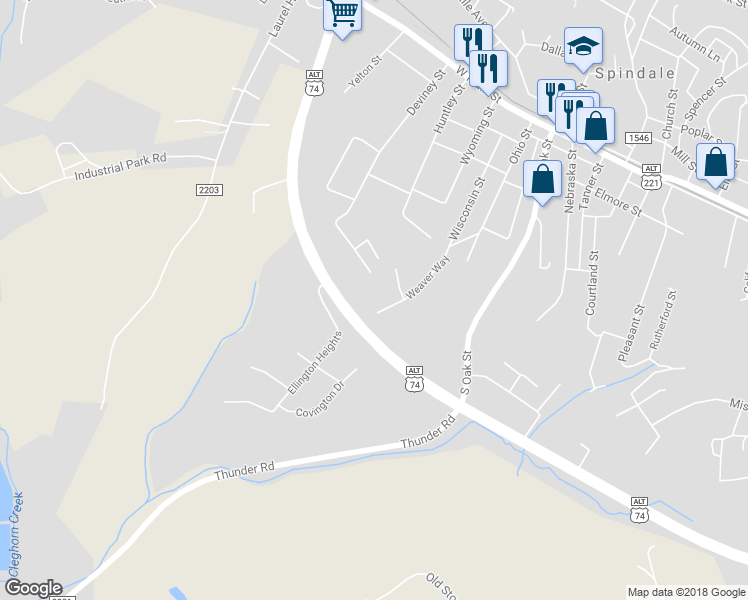 map of restaurants, bars, coffee shops, grocery stores, and more near 268 Weaver Way in Spindale