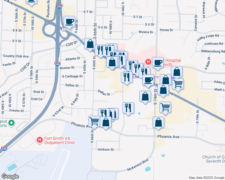map of restaurants, bars, coffee shops, grocery stores, and more near 6801 Dallas Street in Fort Smith