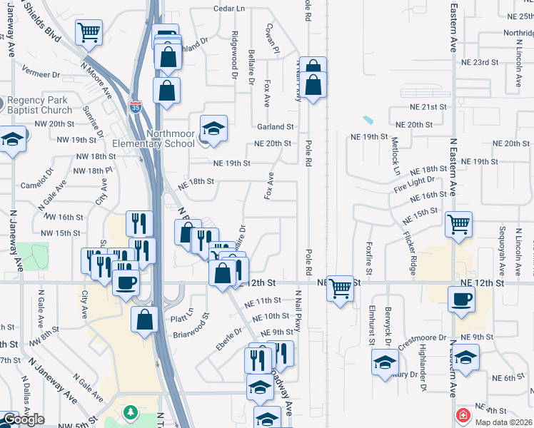 map of restaurants, bars, coffee shops, grocery stores, and more near 1310 North Nail Parkway in Moore