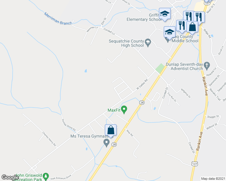 map of restaurants, bars, coffee shops, grocery stores, and more near 111A Robin Hill Road in Dunlap