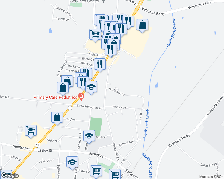 map of restaurants, bars, coffee shops, grocery stores, and more near 5071 Shellback Drive in Millington