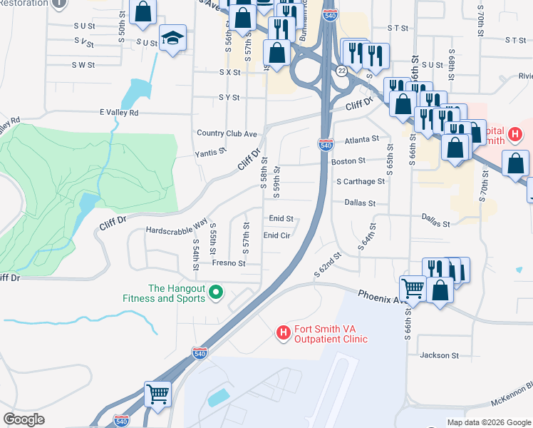 map of restaurants, bars, coffee shops, grocery stores, and more near 3105 South 58th Street in Fort Smith