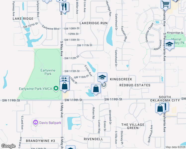 map of restaurants, bars, coffee shops, grocery stores, and more near 11612 South Linn Avenue in Oklahoma City