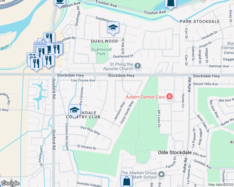 map of restaurants, bars, coffee shops, grocery stores, and more near 400 Starmount Court in Bakersfield