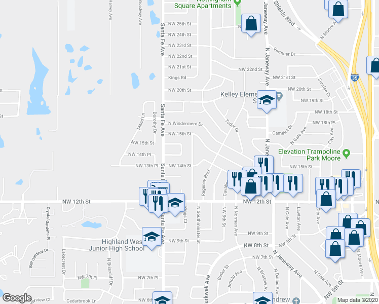 map of restaurants, bars, coffee shops, grocery stores, and more near 1521 North Southminster Street in Moore