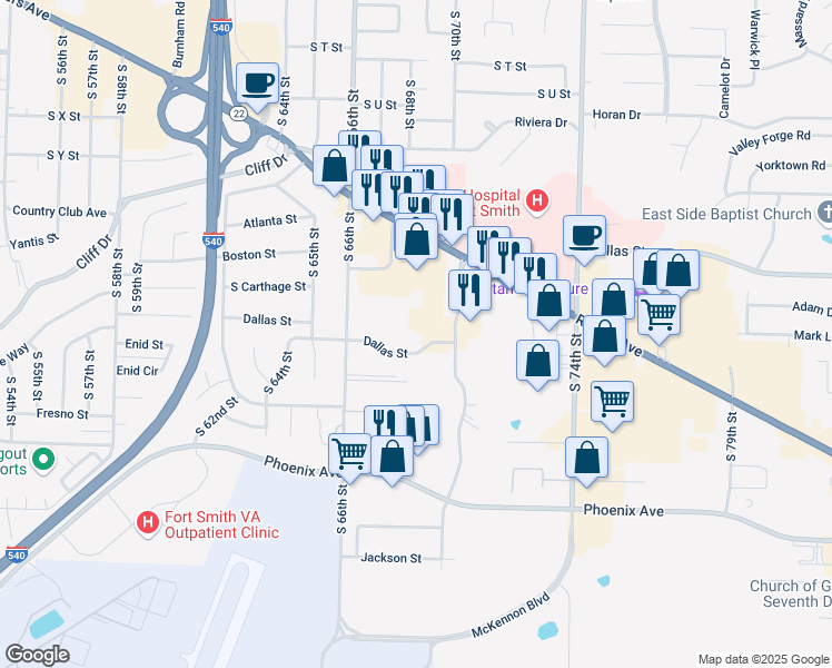 map of restaurants, bars, coffee shops, grocery stores, and more near 6715 Dallas Street in Fort Smith