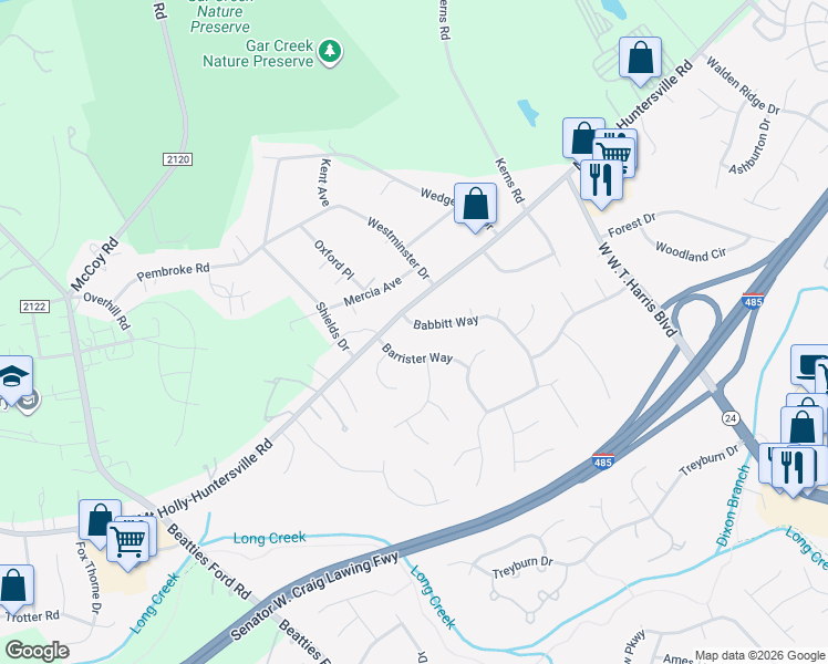 map of restaurants, bars, coffee shops, grocery stores, and more near 9235 Babbitt Way in Charlotte