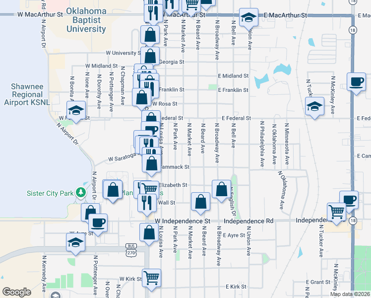 map of restaurants, bars, coffee shops, grocery stores, and more near 1825 North Park Avenue in Shawnee
