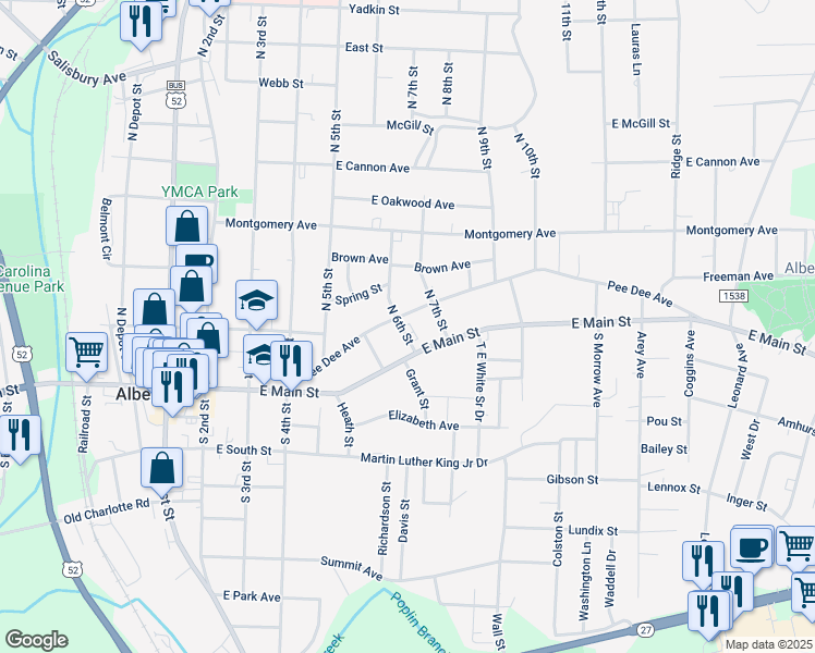 map of restaurants, bars, coffee shops, grocery stores, and more near 112 North 6th Street in Albemarle