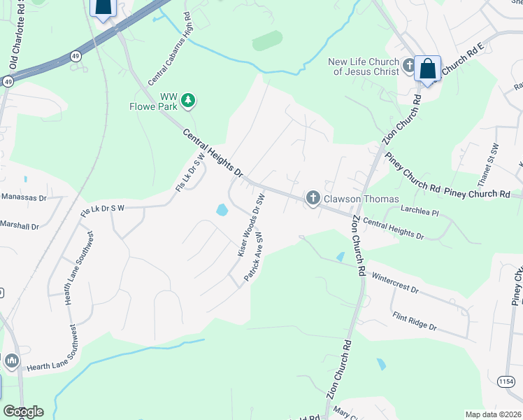 map of restaurants, bars, coffee shops, grocery stores, and more near 4223 Kiser Woods Drive Southwest in Concord