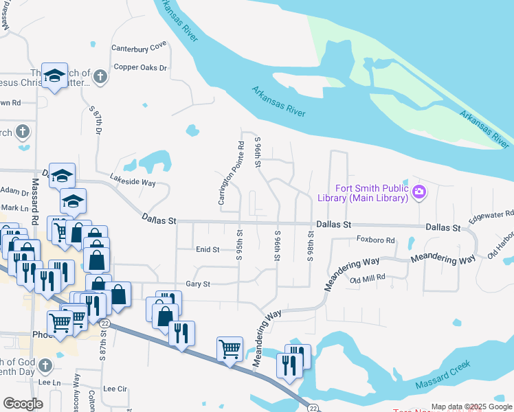map of restaurants, bars, coffee shops, grocery stores, and more near 9521 Dallas Street in Fort Smith