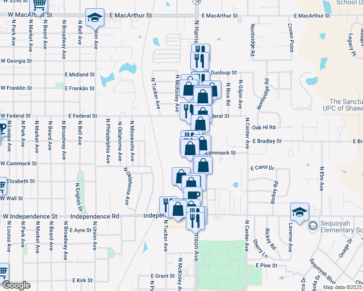 map of restaurants, bars, coffee shops, grocery stores, and more near 1810 North Harrison Street in Shawnee