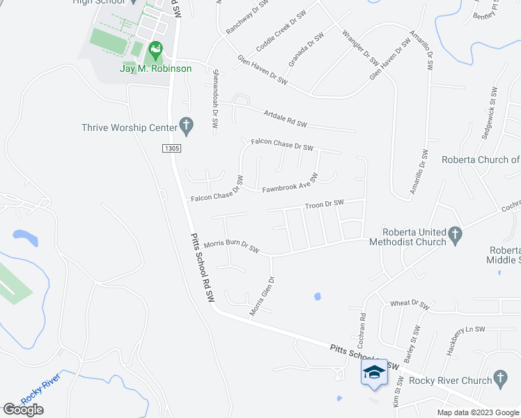 map of restaurants, bars, coffee shops, grocery stores, and more near 4036 Troon Drive Southwest in Concord