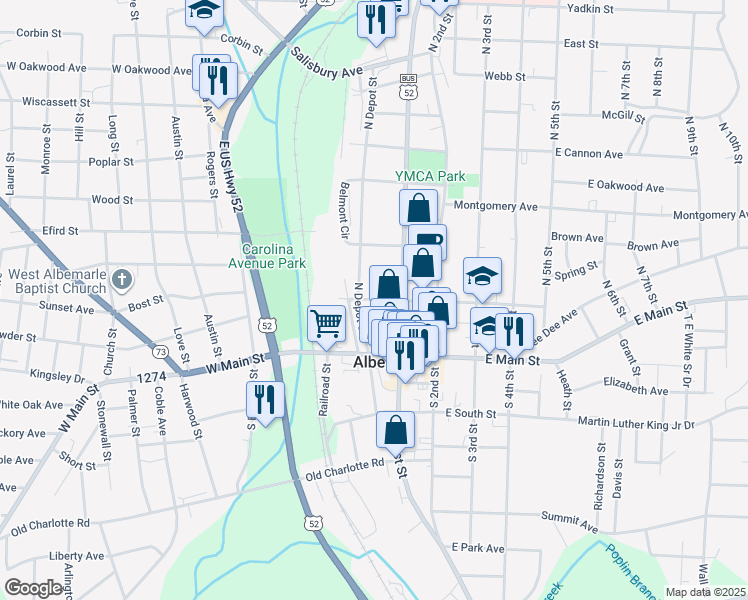 map of restaurants, bars, coffee shops, grocery stores, and more near West North Street in Albemarle