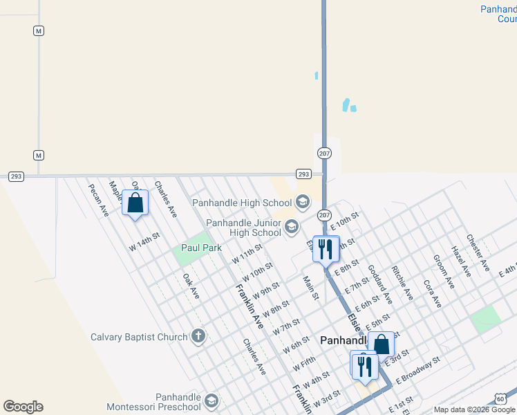 map of restaurants, bars, coffee shops, grocery stores, and more near 1205 Main Street in Panhandle