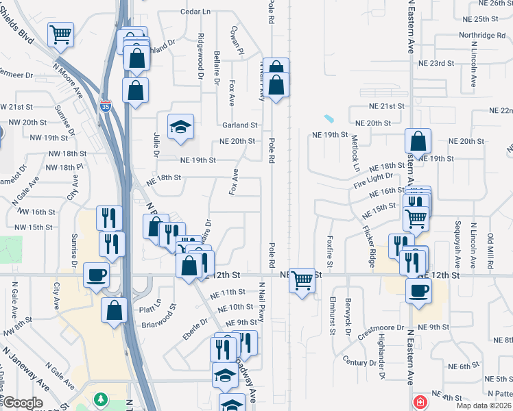 map of restaurants, bars, coffee shops, grocery stores, and more near 1335 North Nail Parkway in Moore