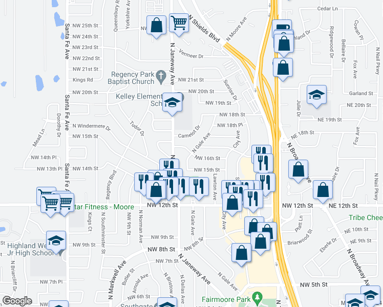 map of restaurants, bars, coffee shops, grocery stores, and more near 1700 North Gale Street in Moore