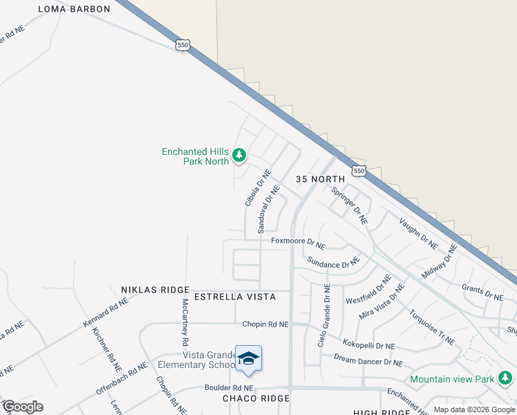 map of restaurants, bars, coffee shops, grocery stores, and more near 5526 Sandoval Drive Northeast in Rio Rancho