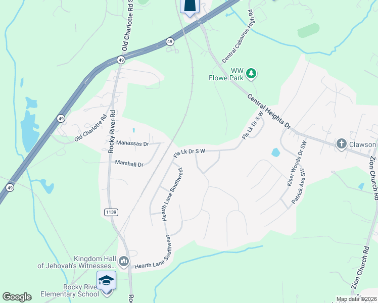 map of restaurants, bars, coffee shops, grocery stores, and more near 4440 Falls Lake Drive South West in Concord