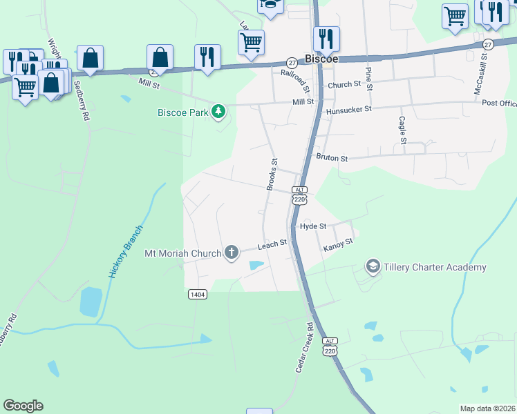 map of restaurants, bars, coffee shops, grocery stores, and more near 520 Brooks Street in Biscoe