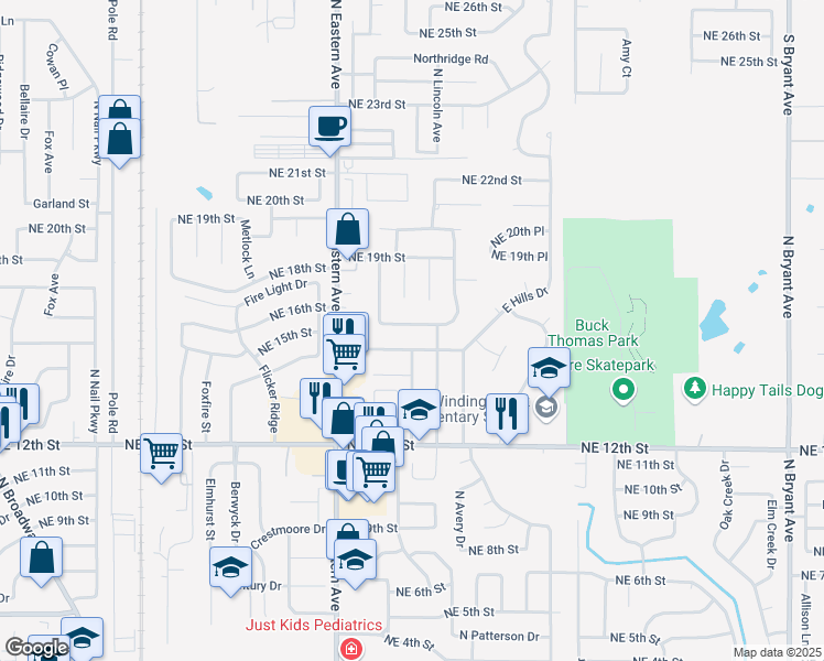 map of restaurants, bars, coffee shops, grocery stores, and more near 1000 Northeast 17th Street in Moore