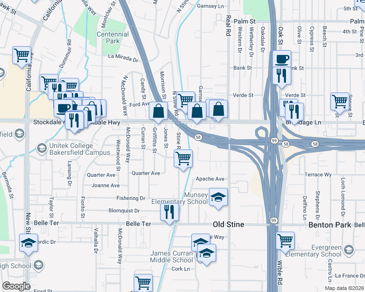 map of restaurants, bars, coffee shops, grocery stores, and more near 102 Stine Road in Bakersfield