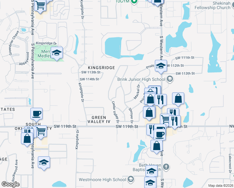 map of restaurants, bars, coffee shops, grocery stores, and more near 11700 Cedar Valley Terrace in Oklahoma City