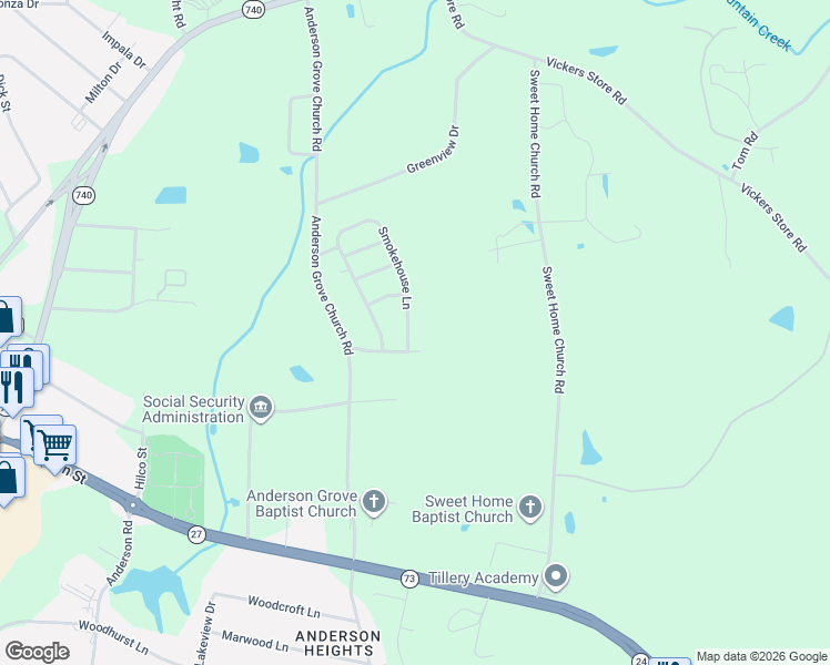 map of restaurants, bars, coffee shops, grocery stores, and more near 535 Smokehouse Lane in Albemarle