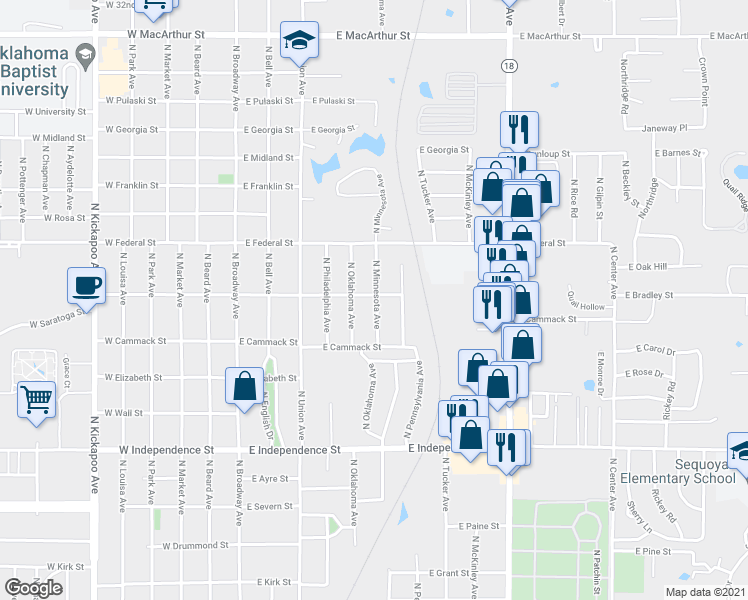 map of restaurants, bars, coffee shops, grocery stores, and more near 427 East Emmett Street in Shawnee