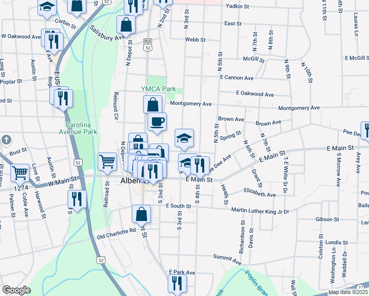 map of restaurants, bars, coffee shops, grocery stores, and more near 219 East North Street in Albemarle
