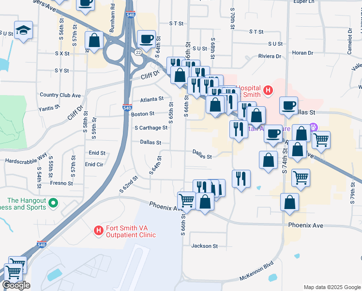 map of restaurants, bars, coffee shops, grocery stores, and more near 3300 South 66th Street in Fort Smith