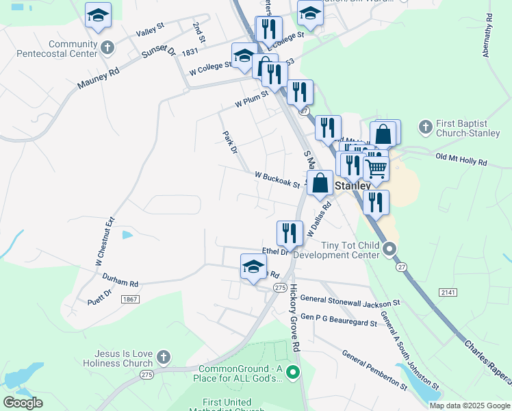 map of restaurants, bars, coffee shops, grocery stores, and more near 207 Wilson Street in Stanley