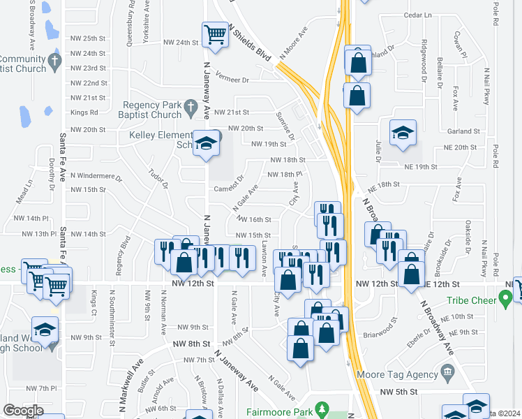 map of restaurants, bars, coffee shops, grocery stores, and more near 676 Northwest 16th Street in Moore