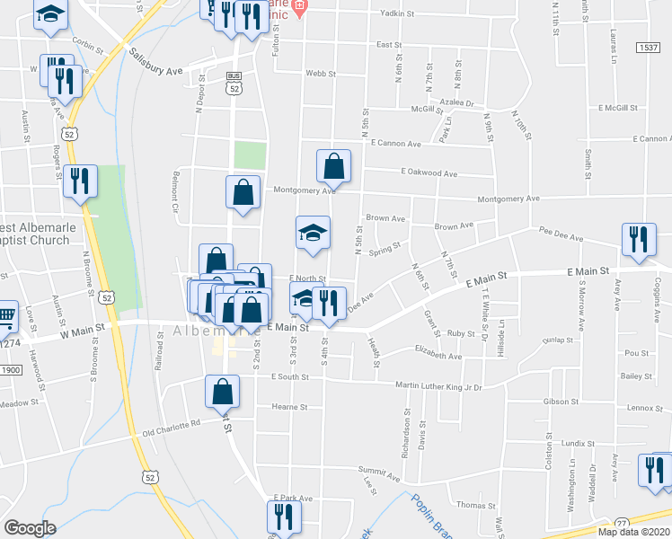 map of restaurants, bars, coffee shops, grocery stores, and more near 208 North 4th Street in Albemarle