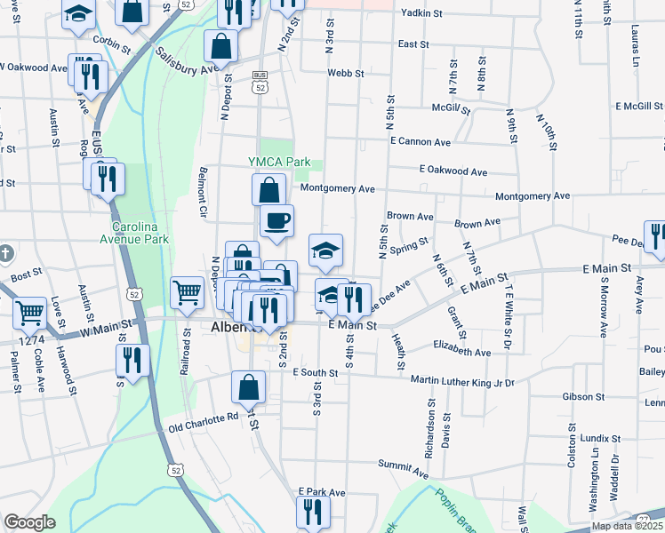 map of restaurants, bars, coffee shops, grocery stores, and more near 219 East North Street in Albemarle