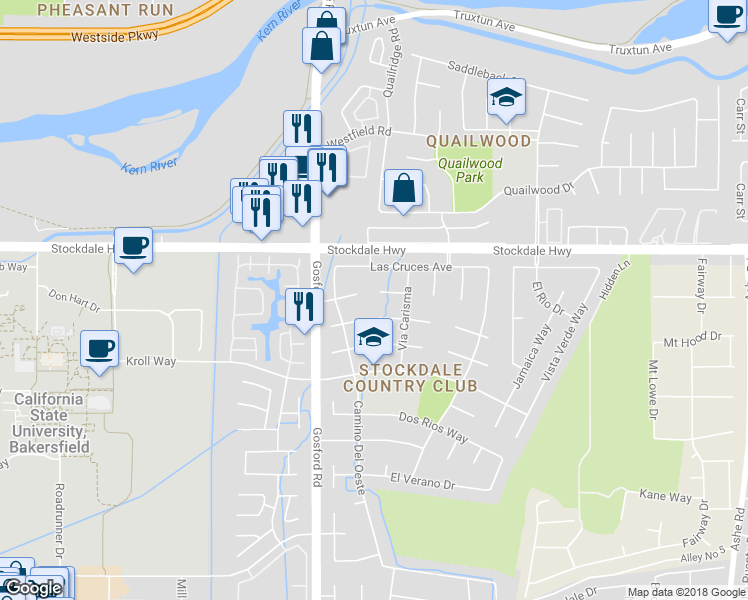 map of restaurants, bars, coffee shops, grocery stores, and more near 7805 Buena Tierra Court in Bakersfield