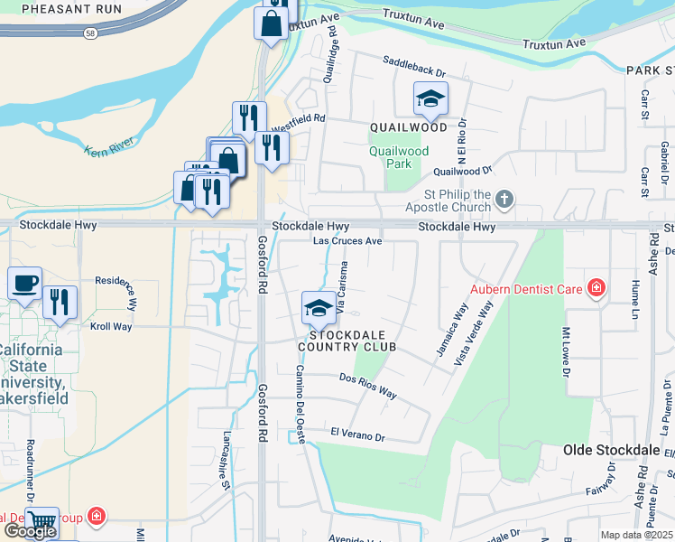map of restaurants, bars, coffee shops, grocery stores, and more near 7612 Calle Corta in Bakersfield