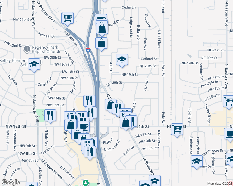 map of restaurants, bars, coffee shops, grocery stores, and more near 1620 North Broadway Street in Moore