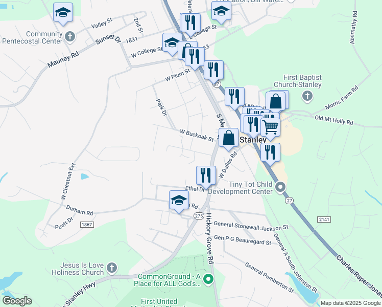 map of restaurants, bars, coffee shops, grocery stores, and more near 207 Wilson Street in Stanley