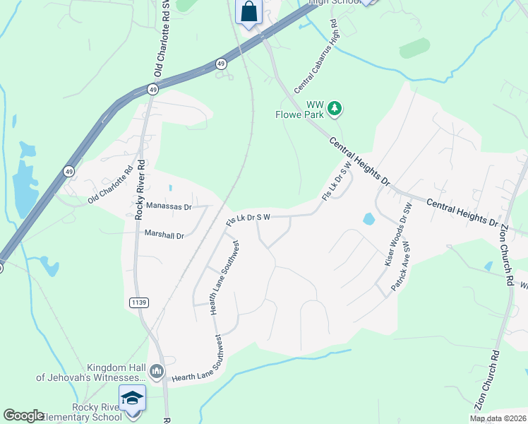 map of restaurants, bars, coffee shops, grocery stores, and more near 4386 Falls Lake Drive South West in Concord