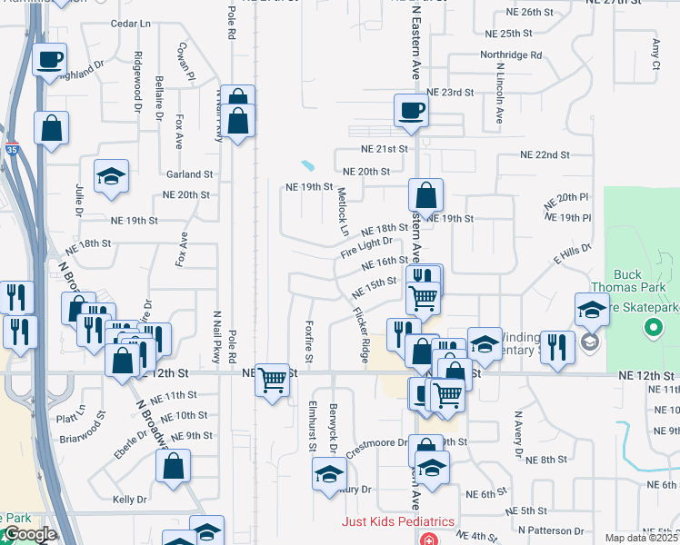 map of restaurants, bars, coffee shops, grocery stores, and more near 601 Northeast 16th Street in Moore