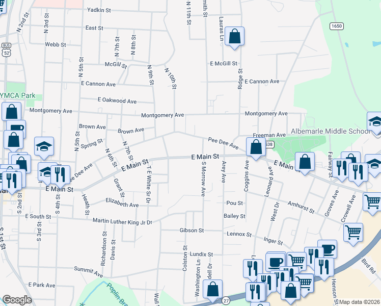 map of restaurants, bars, coffee shops, grocery stores, and more near 1040 East Main Street in Albemarle