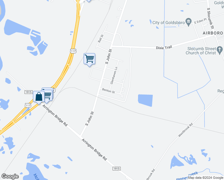 map of restaurants, bars, coffee shops, grocery stores, and more near 2206 Glenhaven Lane in Goldsboro