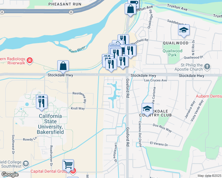 map of restaurants, bars, coffee shops, grocery stores, and more near 8200 Kroll Way in Bakersfield