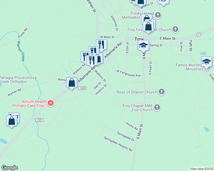 map of restaurants, bars, coffee shops, grocery stores, and more near 305 Watkins Street in Troy
