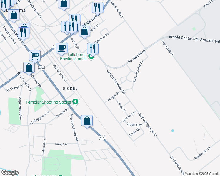 map of restaurants, bars, coffee shops, grocery stores, and more near in Tullahoma