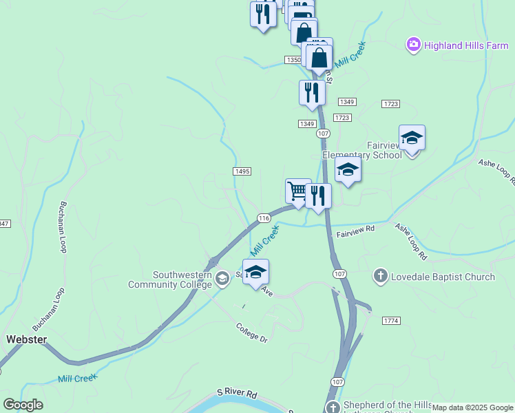 map of restaurants, bars, coffee shops, grocery stores, and more near 73 Griffin Street in Sylva