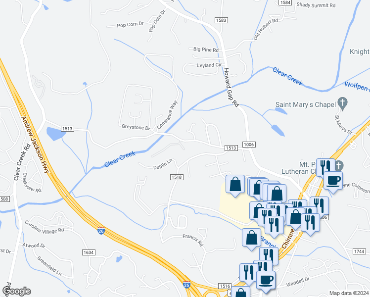 map of restaurants, bars, coffee shops, grocery stores, and more near 39B Jacobs Way Drive in Hendersonville