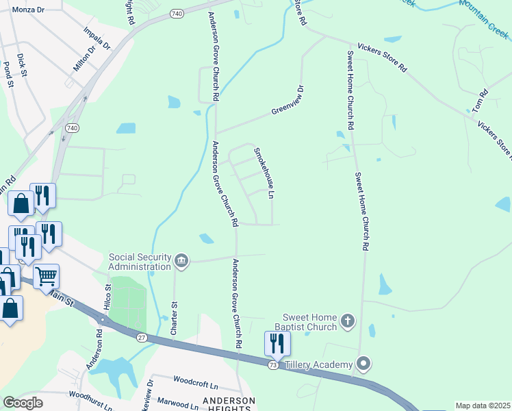 map of restaurants, bars, coffee shops, grocery stores, and more near 620 Smokehouse Lane in Albemarle