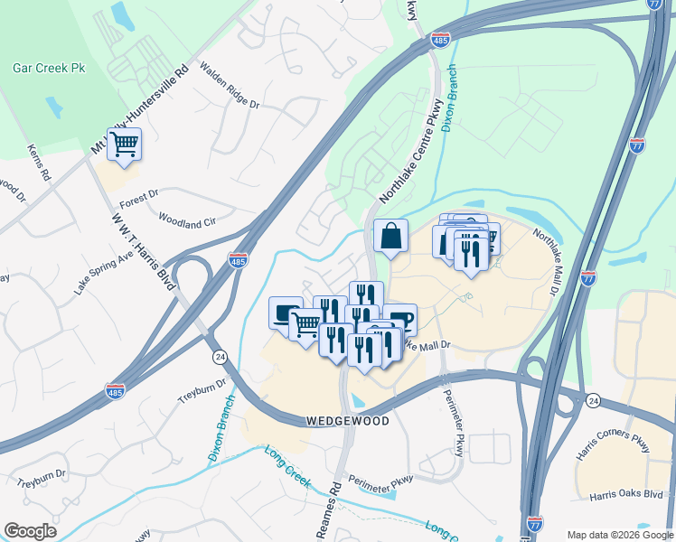 map of restaurants, bars, coffee shops, grocery stores, and more near 10015 Madison Square Place in Charlotte